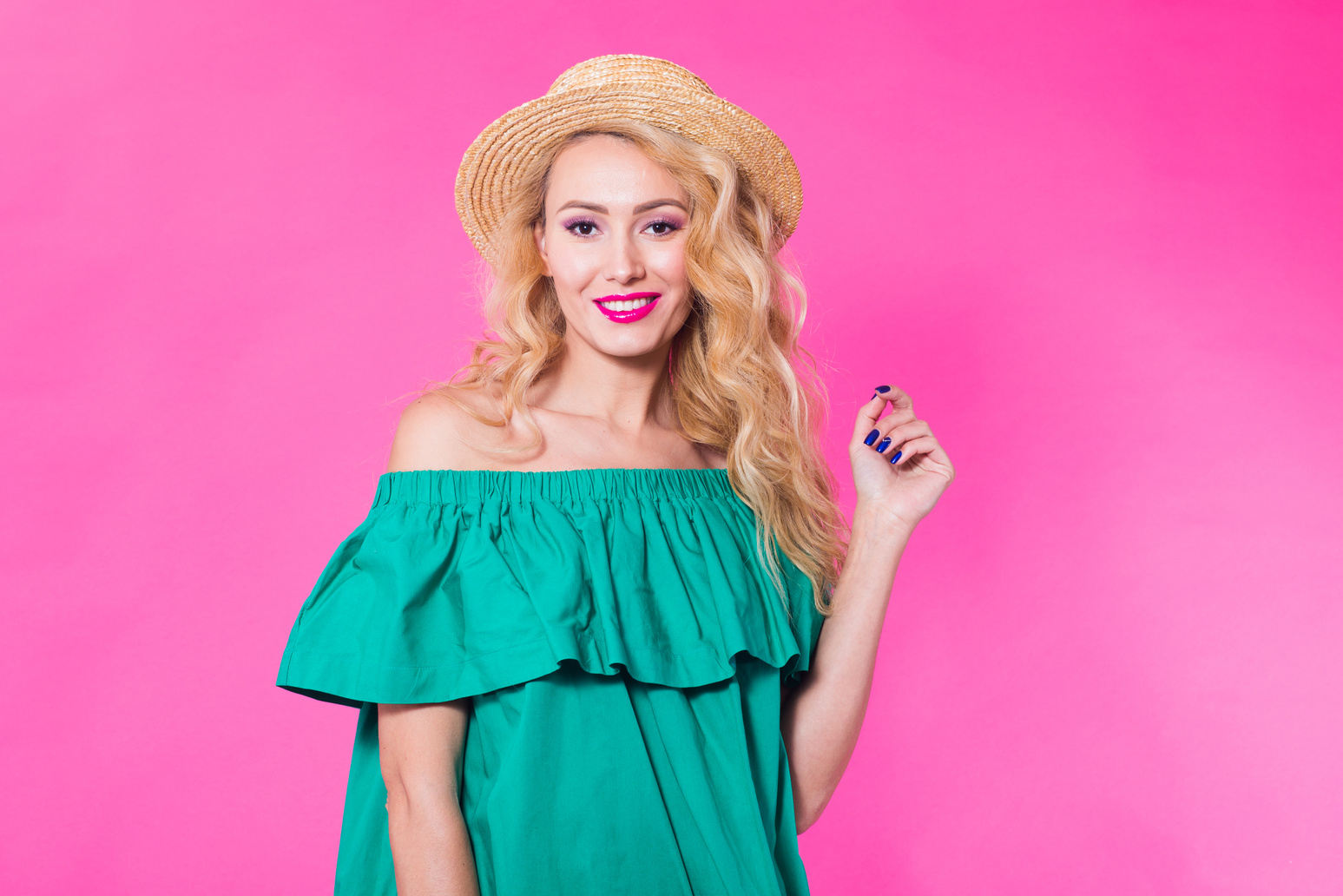 Fashion Photo of a Beautiful Elegant Young Woman in a Pretty Dress Posing over Pink Background. Fashion Spring Summer Photo